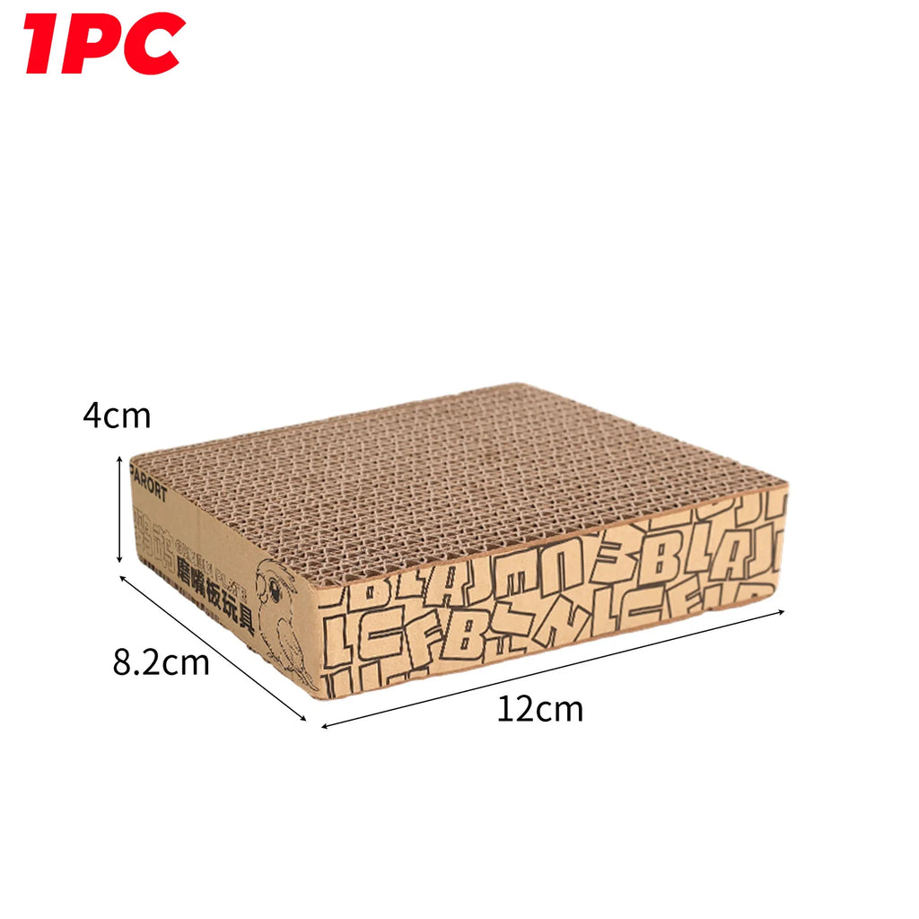 Cardboard cat scratcher with dimensions on a white background