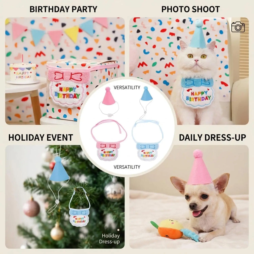 A collage showing a birthday-themed pet accessory set in use: a pink and blue party box, a white cat wearing a blue party hat and bib, a small dog wearing a pink party hat, and hanging party hat ornaments on a Christmas tree. The center includes product renderings of the hat and bib in pink and blue, with text labels for party occasions.