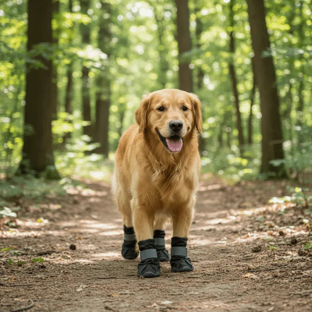 A golden retriever dog walking on a dirt path in a sunlit forest, wearing black protective booties on its paws.