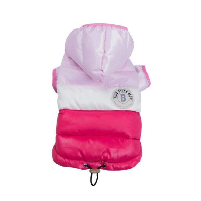 Pink and white dog puffer coat with a brand logo on a white background