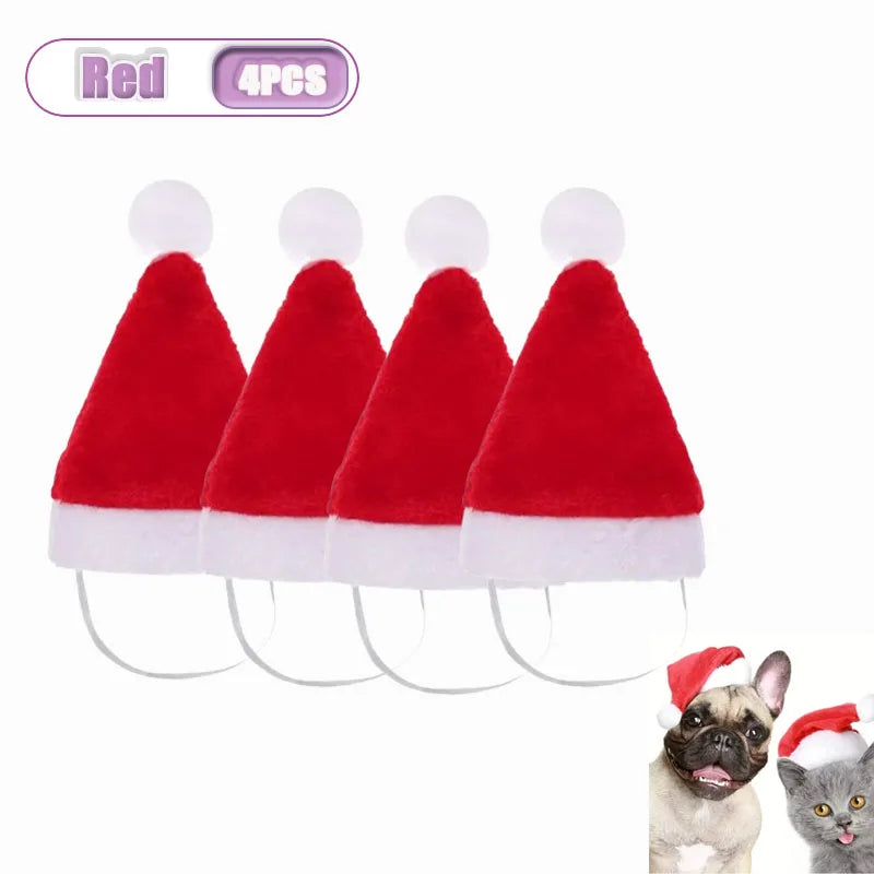 Four red and white Santa hat dog ear clips shown on a white background, with a purple 'Red 4PCS' label at the top and small photos of a French bulldog and a cat wearing the hats in the lower right corner.