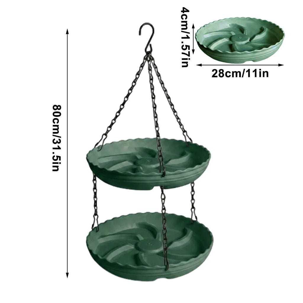 A two-tier hanging planter with dark green leaf-shaped bowls suspended by black chains from a top hook, shown on a light gray background with dimension labels indicating 80 cm height and 28 cm width.