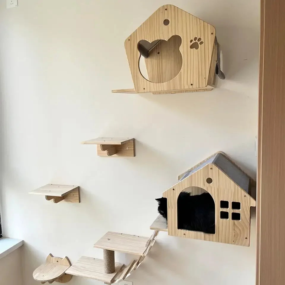 Wooden cat house and shelves on a white wall