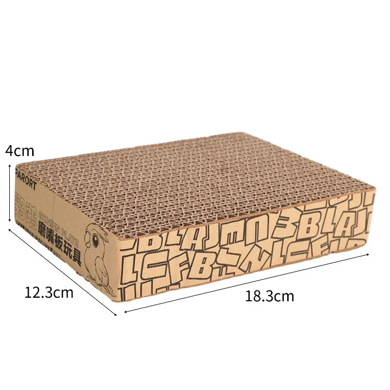 Cardboard cat scratcher with dimensions labeled on a white background