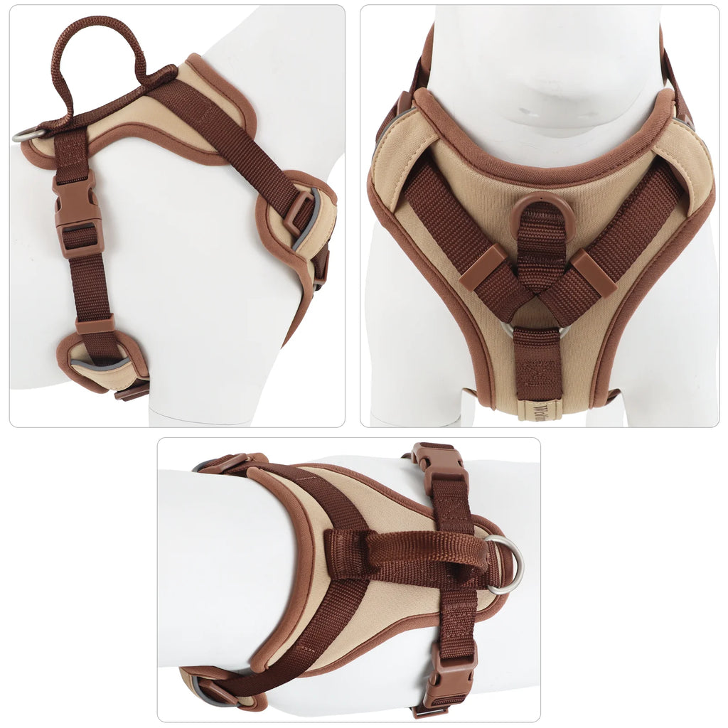 Beige and brown dog harness shown from multiple angles on a white background