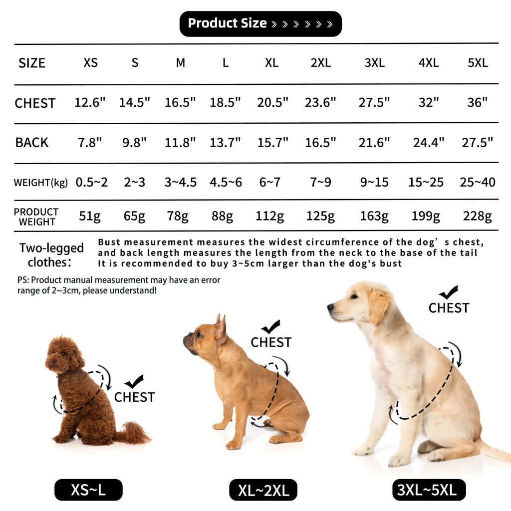 Dog clothing size chart with measurements and illustrations of dogs in different sizes.