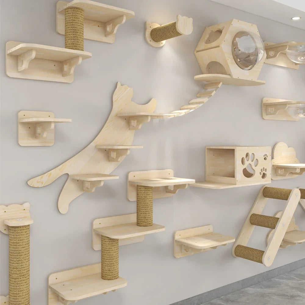 Wooden cat play structure with shelves and scratching posts on a gray wall.