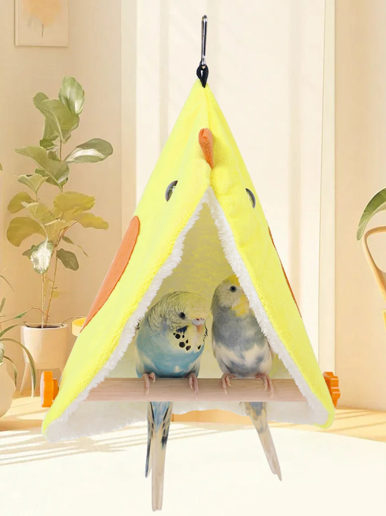Yellow pet teepee with two birds inside, set against a neutral indoor background.