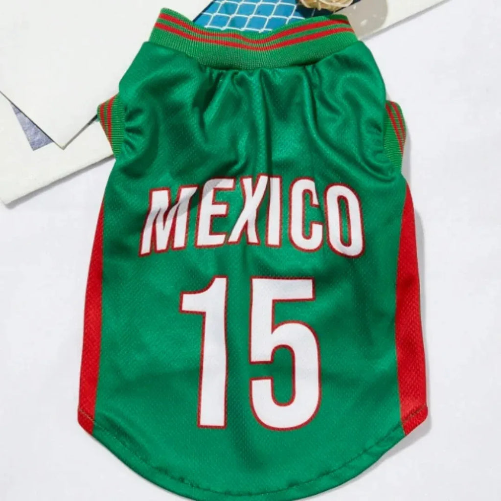 Green dog jersey with 'Mexico' and number '15' on a white background