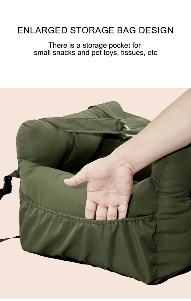 Green storage bag with a hand pointing to a pocket on a beige background