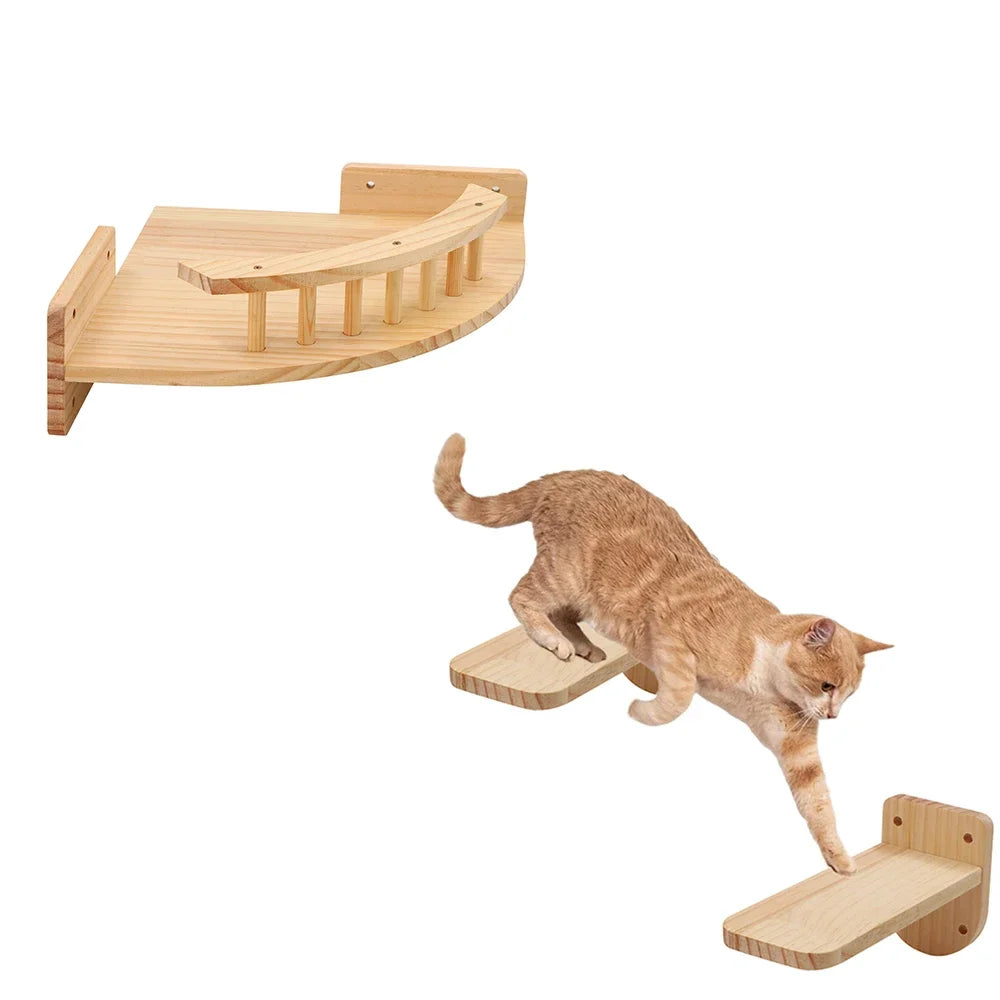 Wooden cat shelf with a cat climbing on it against a white background