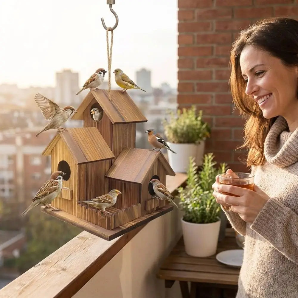 Woman on a balcony with a wooden birdhouse and birds, holding a cup.