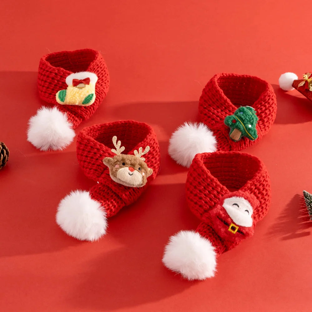 Red knitted scarves with festive designs on a red background