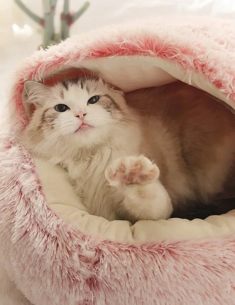 Cat lying in a fluffy pink pet bed