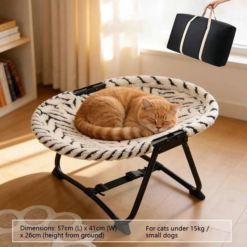 Cat lying on a round pet bed with stand in a room setting