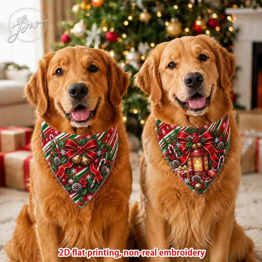 Two golden retriever dogs wearing matching Christmas-themed bandana pet collars in a festive holiday setting with a decorated Christmas tree in the background. Text at the bottom reads '2D flat printing, non-real embroidery'.