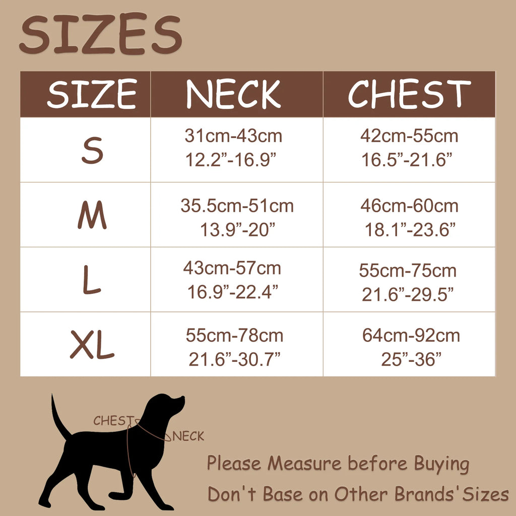 Size chart for dog clothing with neck and chest measurements on a brown background