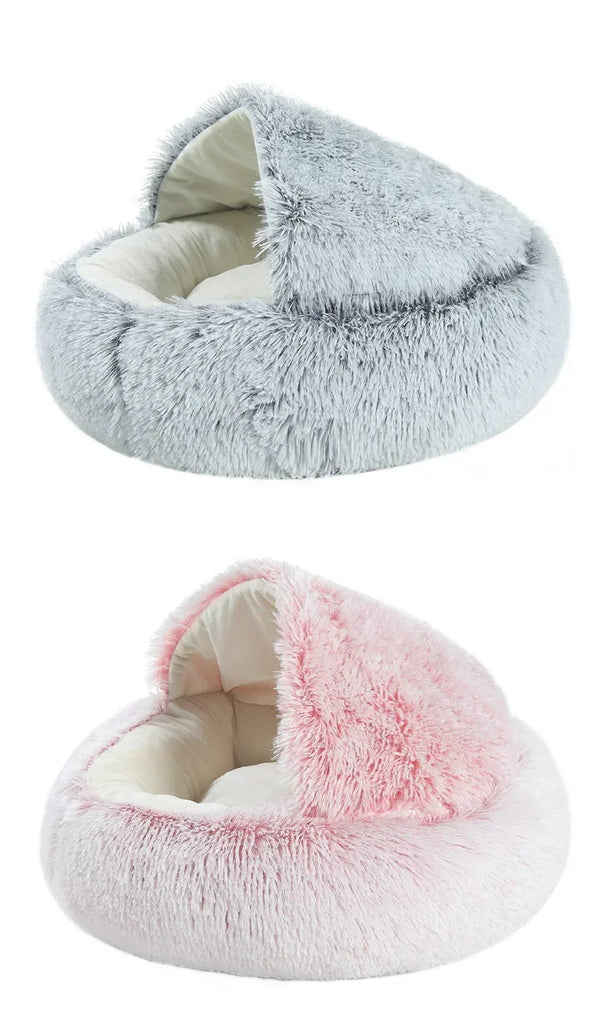Two fluffy pet beds, one gray and one pink, on a white background.