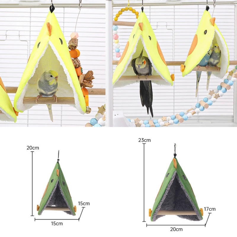 Bird toys with yellow tents and green platforms, hanging from a branch with measurements displayed.