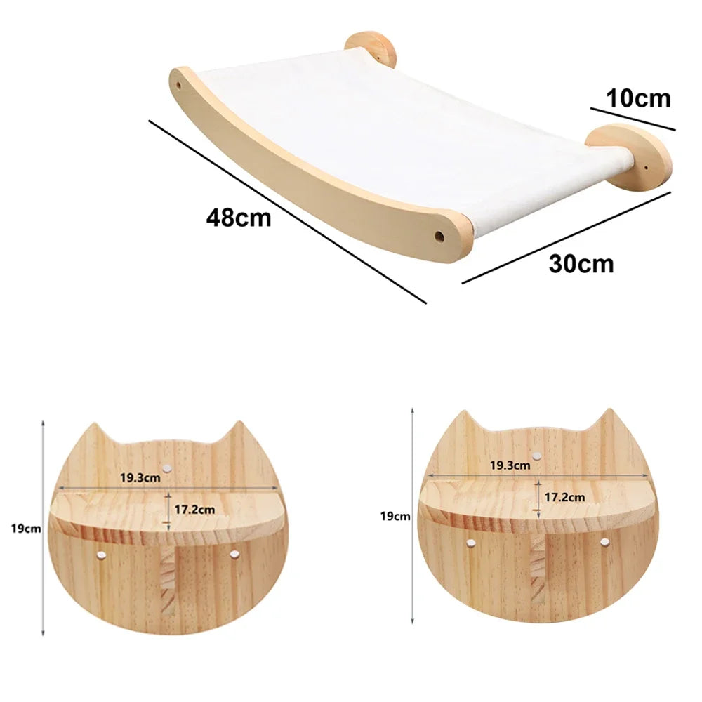 Wooden cat shelf with measurements on a white background