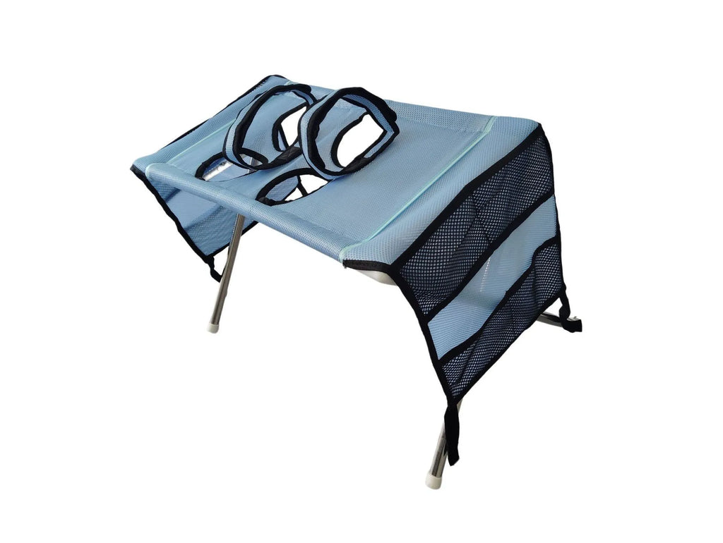 A light blue and black mesh folding table with integrated carrying handles and support legs, shown on a plain white background.