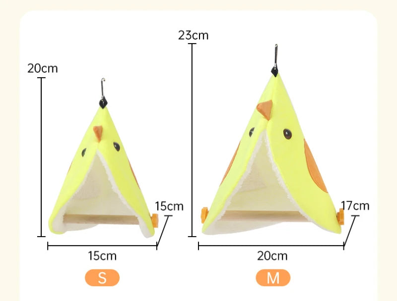 Measurement chart of a small and medium-sized triangular pet house with dimensions labeled.