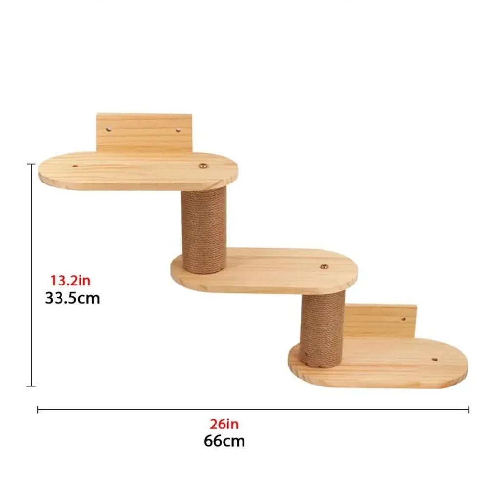 Wooden cat climbing shelf with dimensions on a white background