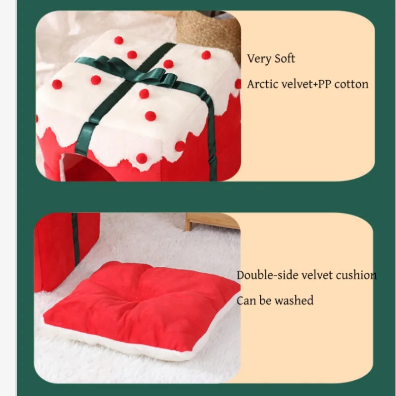 Christmas Gift Box Cat House – Winter Closed Cat Nest & Warm Sleeping Bed for Cats, Kittens & Small Dogs