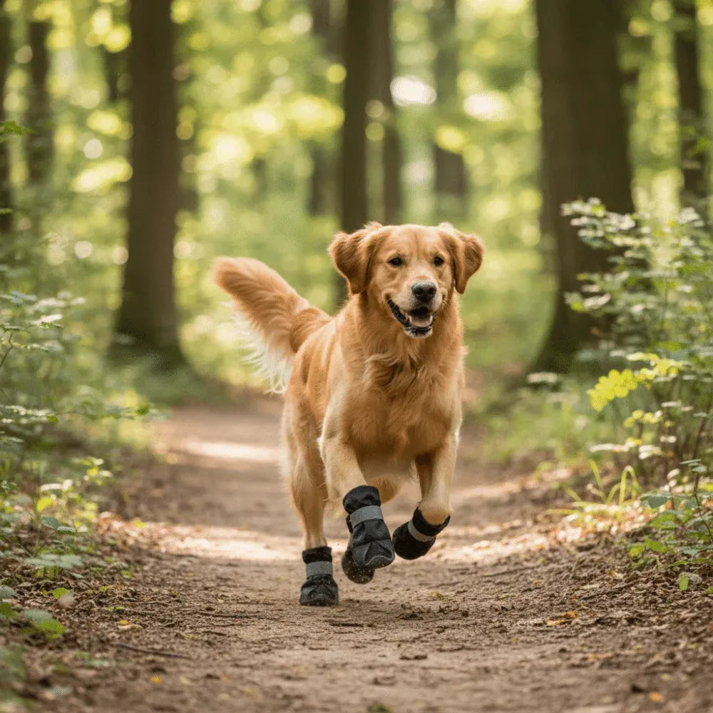 A golden retriever running on a dirt path in a sunlit forest, wearing black dog booties on its legs.