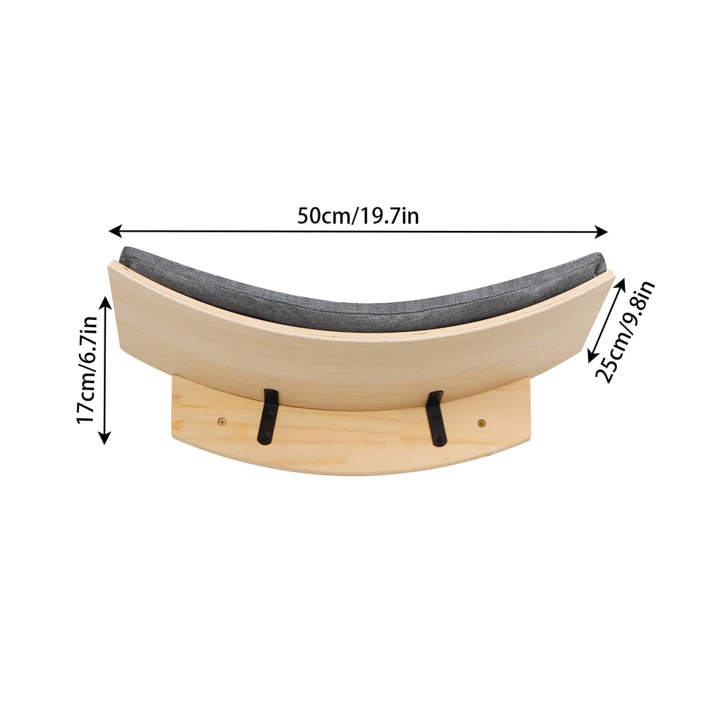 Wooden pet bed with gray cushion, shown with dimensions on a white background