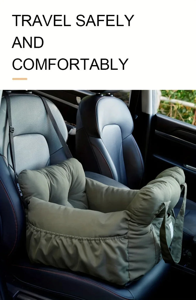 Pet car seat in a vehicle with text 'Travel Safely and Comfortably'.