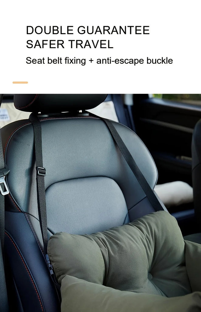 Car seat with safety features and text about double guarantee safer travel.