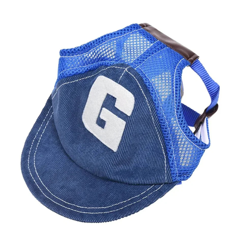 Blue denim-style pet harness with a large white 'G' on a white background