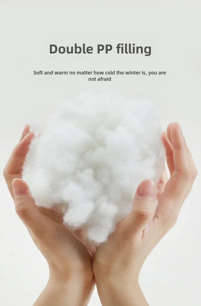 Hands holding white fluffy material with text about double PP filling