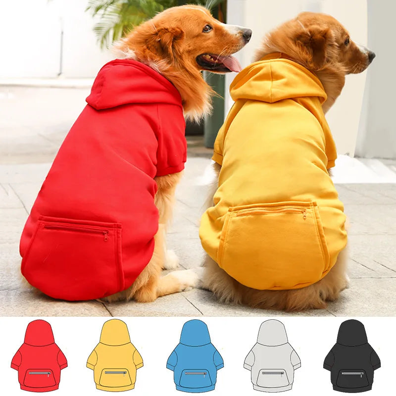 Two dogs wearing red and yellow hoodies with color swatches below.
