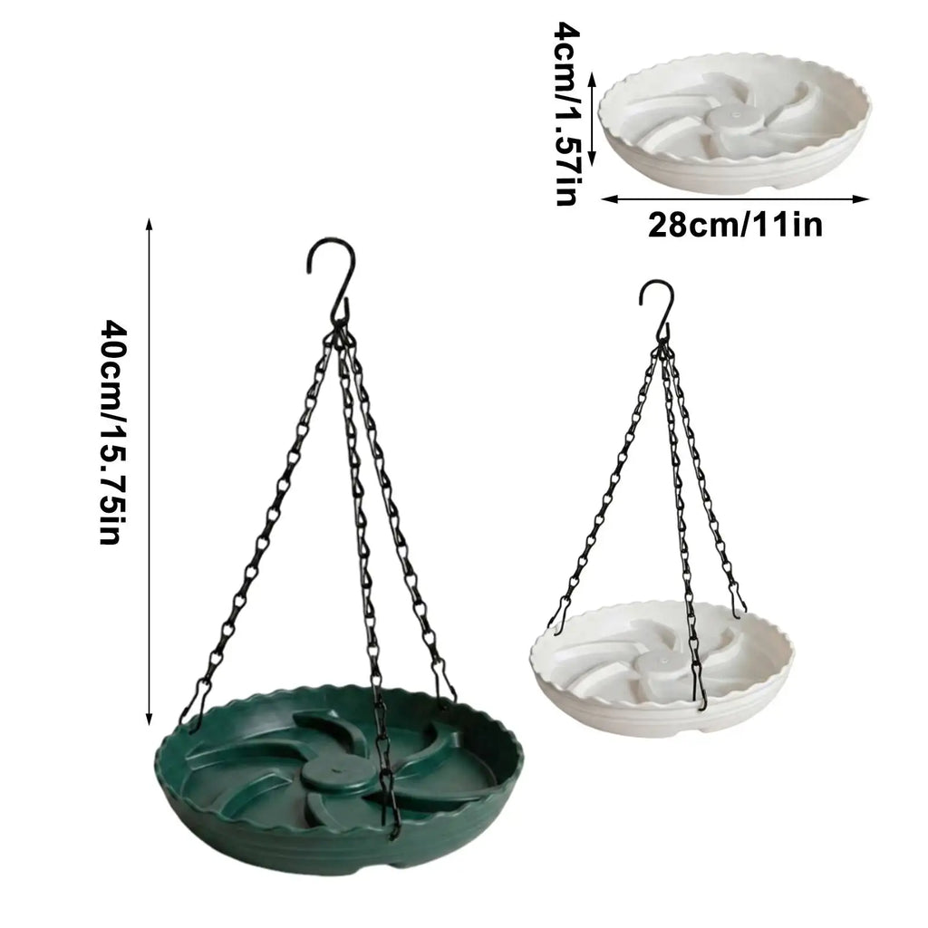 Two hanging shallow bowls with chains are shown on a white background, with dimension labels indicating 40 cm height and 28 cm width. One bowl is dark green and one is white.