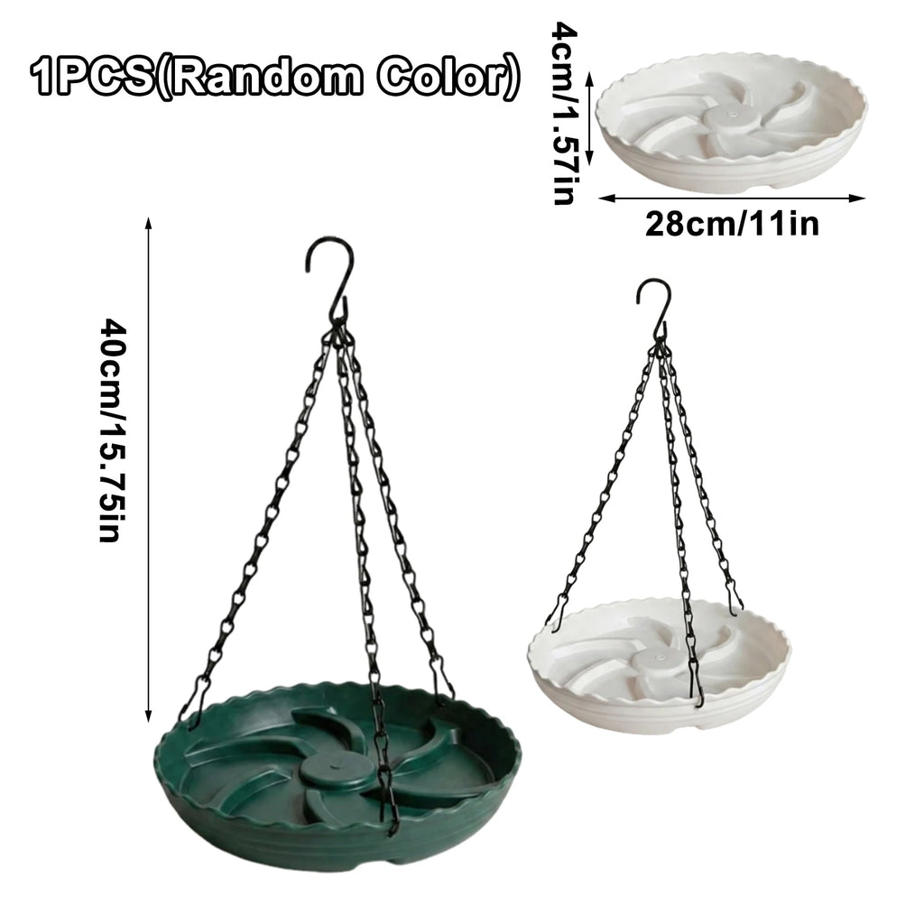 A hanging round planter tray with a black metal chain and hook, shown in two colors: dark green and white. The image includes dimension markings showing the height of 40cm (15.