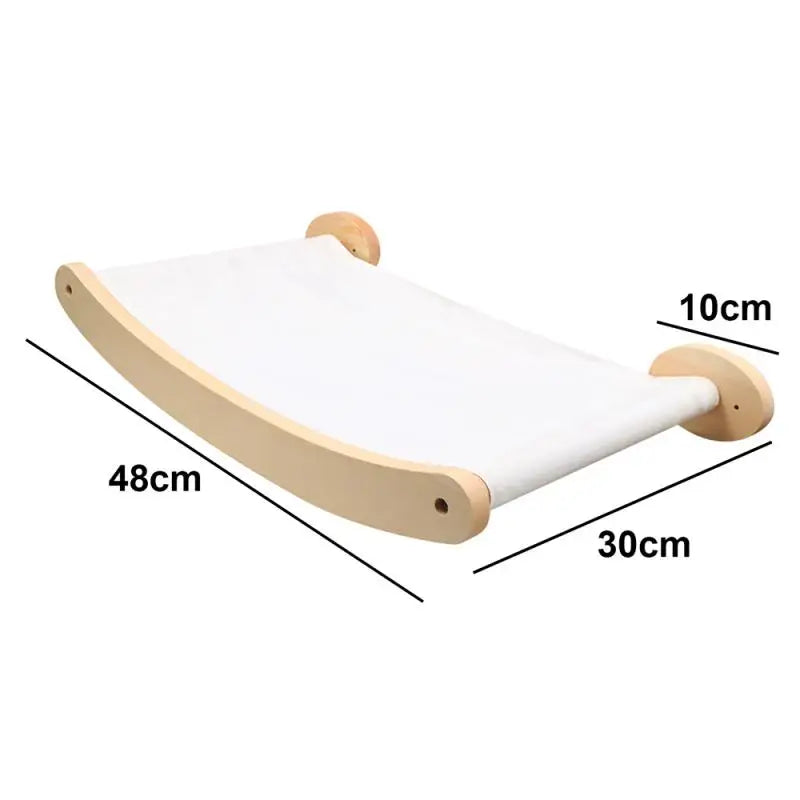 Wooden pet hammock with dimensions labeled on a white background