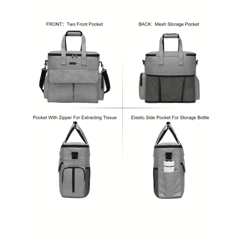 Gray diaper bag with various pockets and features on a white background