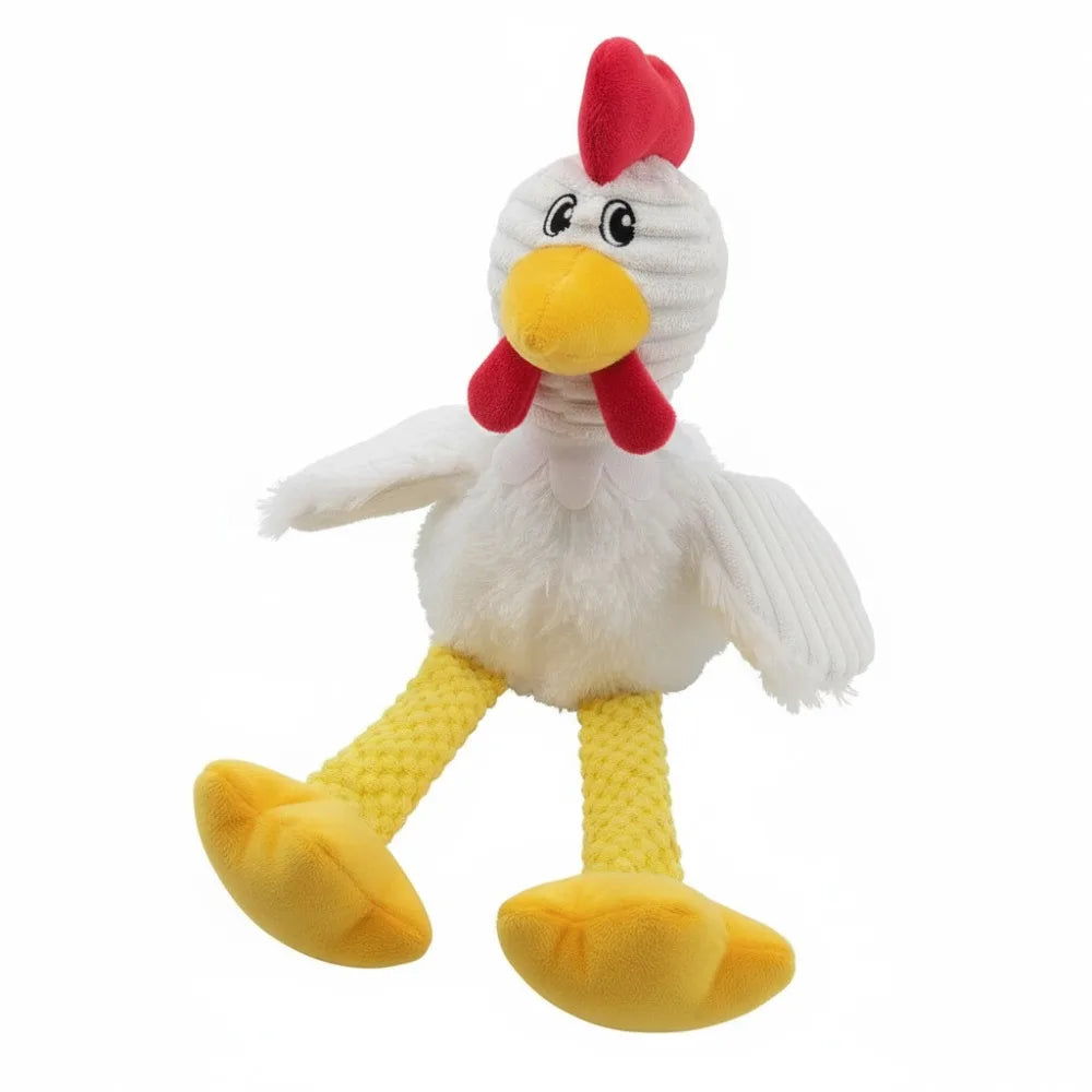 Plush chicken toy with a red comb on a white background