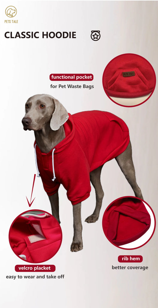 Red dog hoodie with features highlighted on a white background