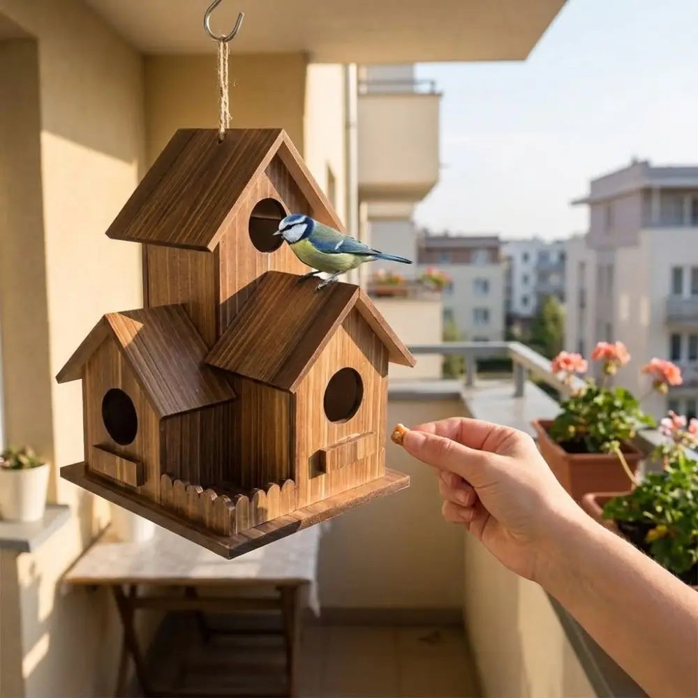 Wooden birdhouse with a bird on a balcony