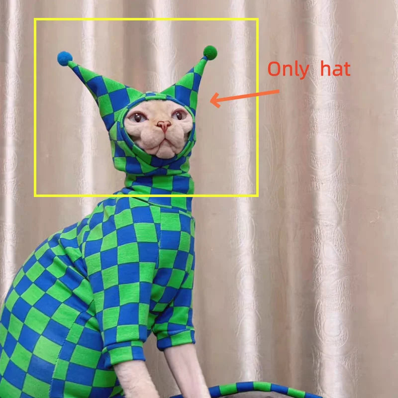 Cat wearing a green and blue checkered outfit with a matching hat against a beige curtain background.
