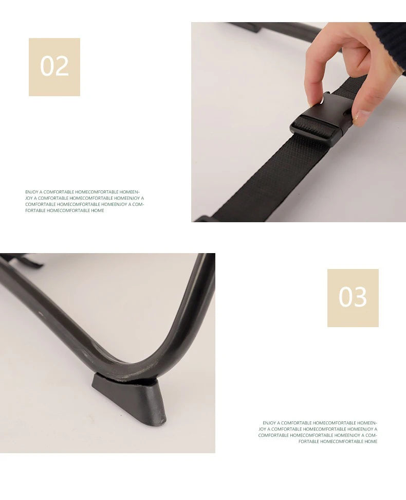 Black adjustable chair with a hand demonstrating the strap mechanism on a light background.