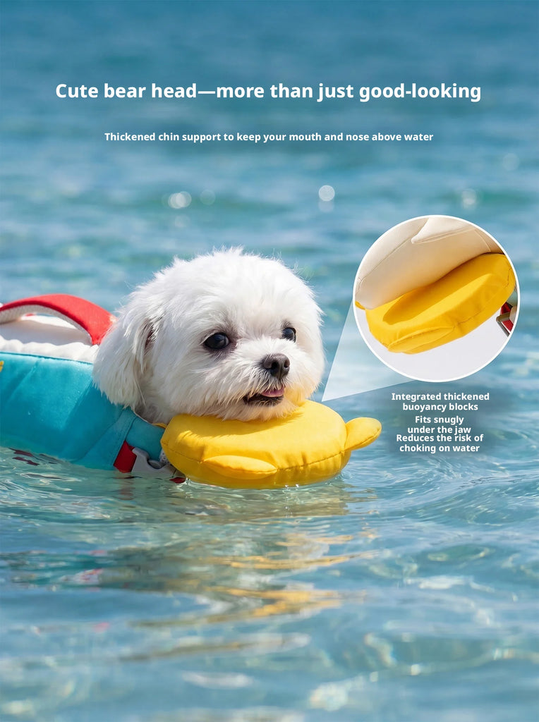 A small white dog wearing a blue and red life jacket floats in clear blue water while wearing a yellow chin strap float. White marketing text appears at the top, and a circular inset shows a close-up of the yellow chin support.