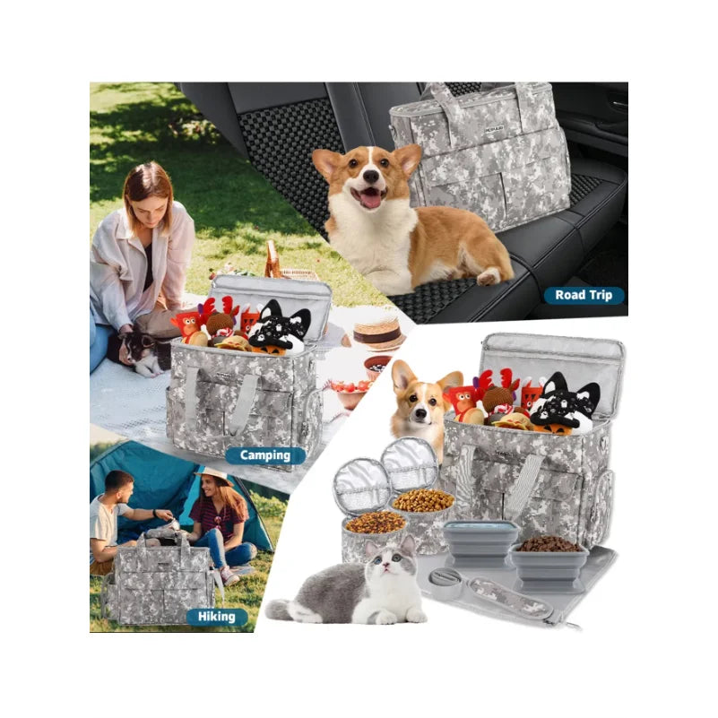Collage of a pet travel kit with various uses including camping, hiking, and road trips.