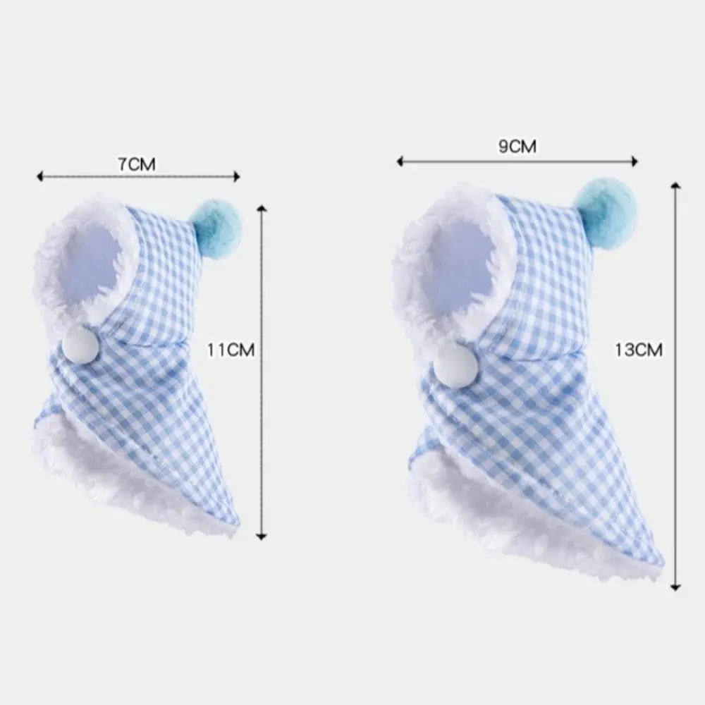 Blue and white gingham pet hood with white faux fur trim and pom-poms, shown with dimension arrows and measurements 7CM, 9CM, 11CM, and 13CM on a light gray background.