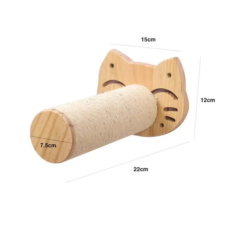Wooden cat scratcher with dimensions on a white background