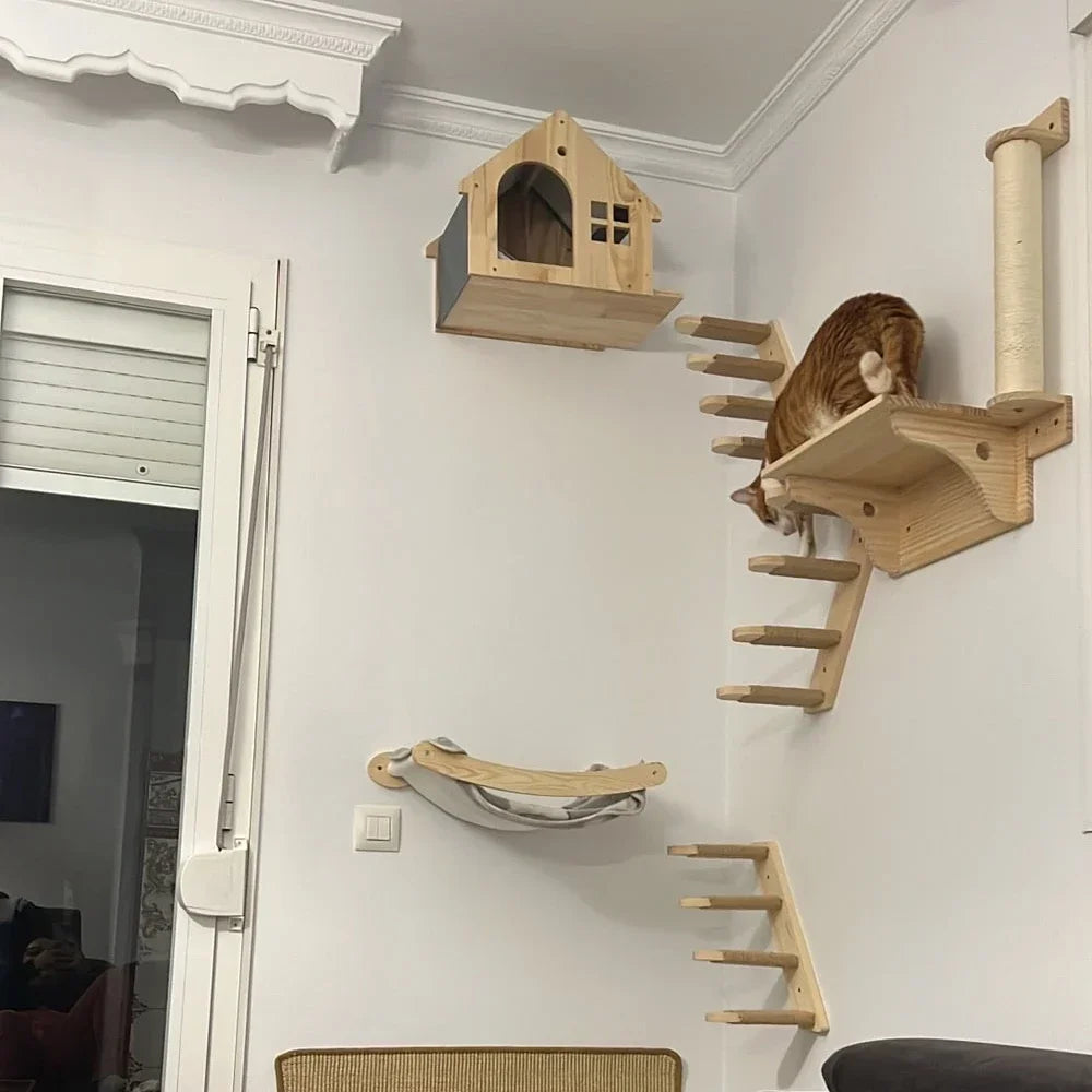 Wooden cat play area with shelves and a climbing wall on a white wall.
