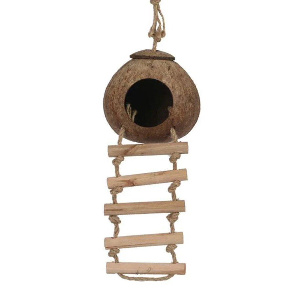 Wooden birdhouse with a ladder on a white background